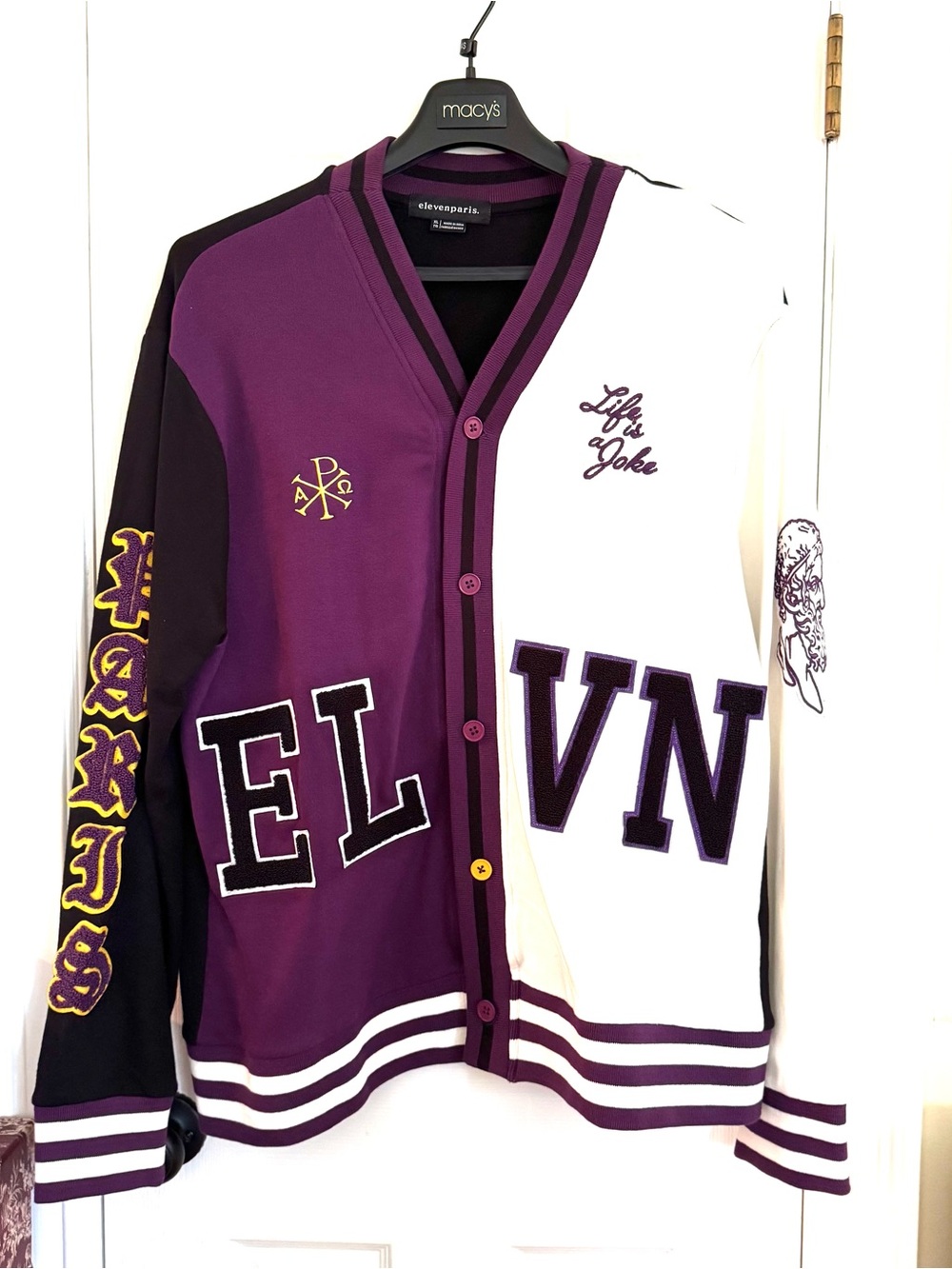 Eleven Paris Colorblock Letterman Cardigan - Purple & White